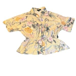 Studio F Yellow Floral Peplum Blouse with Pink & Purple Blooms Size XS
